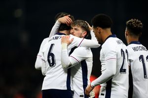 England players celebrate Hayden Hackey's opener (Photo by Adam Fradgley/West Bromwich Albion FC via Getty Images)