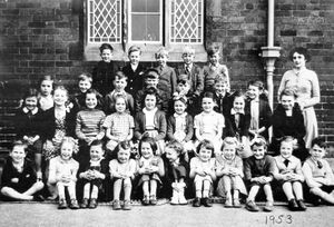Children at the school in 1953. On the right is Mrs Joan Bowdler, who started her teaching career at the school. She was originally from the Manchester area and came to Ironbridge on her marriage.