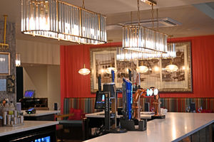 The bar area is fully lit up