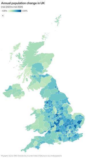 Annual population change in UK local areas. Infographic from PA Graphics. 