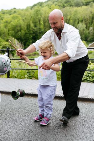 Lily Nicholas from Market Drayton learning from Nick Piovanelli of Core Skillz at the Ironbridge High Street Celebrations