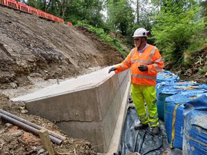 The progress on work to repair the landslip on the A488.