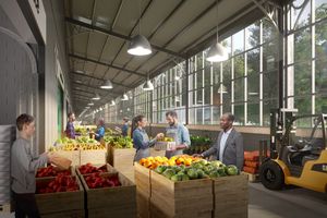 The images show an area for shopping for various goods