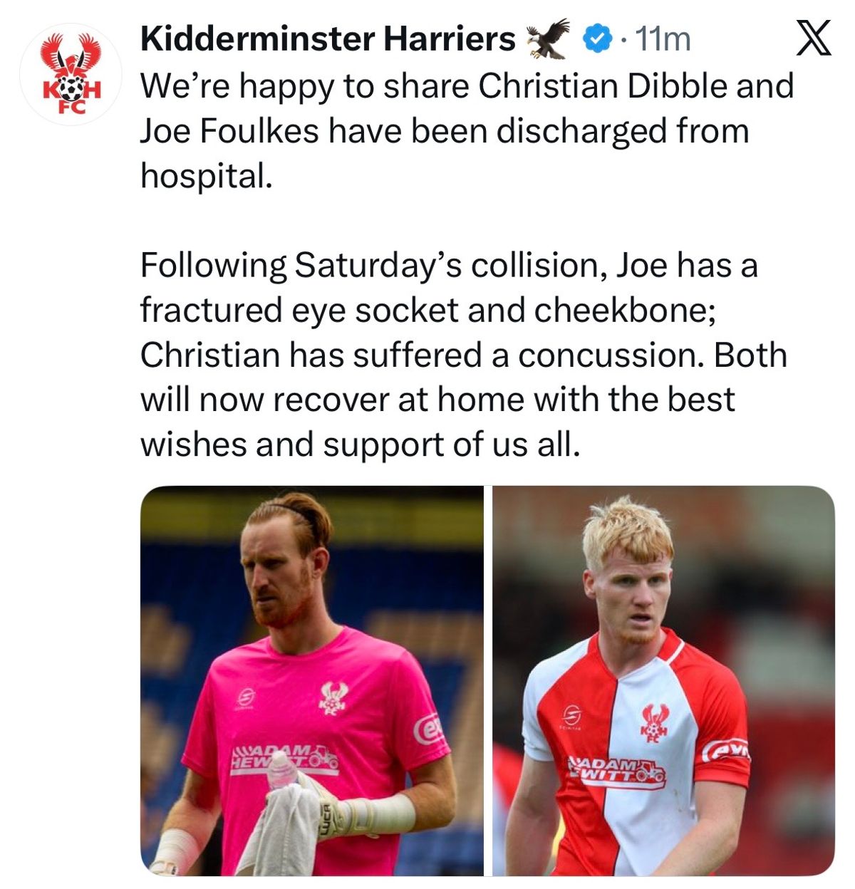 Kidderminster Harriers players back home recovering after horror collision