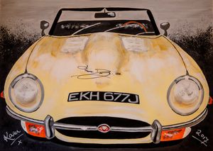 Karen Kay's painting of Rob Keymer's Jaguar E-Type, after being signed by Jaguar test driver Norman Dewis
