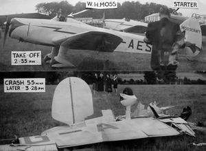 A last picture, and tragedy for one of the competitors that day, William Henry Moss. The top picture shows him taking off at 2.33pm, the second is the wreckage of his aircraft near Newport 55 minutes later.