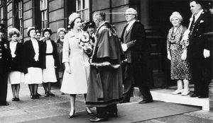 The queen on her visit to Wednesbury Town Hall in April 1962 chats to the Mayor Councillor Leonard Waldron with Town Clerk George Frederick Thompson to the right of the picture.