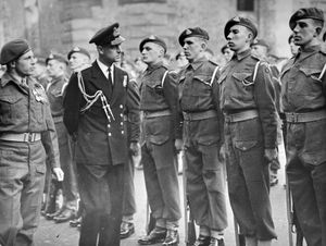 The Duke of Edinburgh, on his first official visit to Wolverhampton on December 16, 1948, inspects the guard of honour of the 1st Battalion The South Staffordshire Regiment outside Wolverhampton Town Hall.