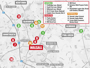 A map showing a number of suitable, rejected and potential locations for traveller sites in Walsall