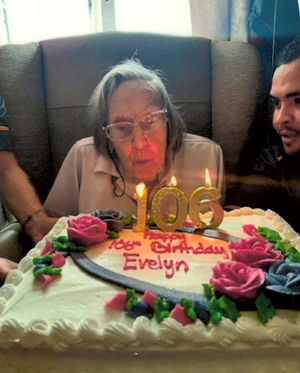 HC-One’s The Orchards Care Home resident Evelyn Joan Whitla with her birthday cake from her 106th birthday last year