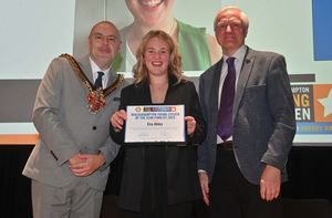 Mayor Craig Collingswood and Awards Chairman Mel Eves with Eva Abley