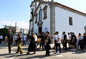 The coffins of Diogo Jota and Andre Silva are brought into the Igreja Matriz de Gondomar in the town of Gondomar near Porto