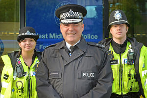 Chief Constable Sir David Thompson with PC Fiona Dickenson and PC Phil Winters in Birmingham