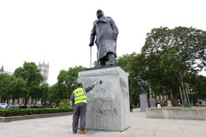 The Churchill statue's plinth is cleaned