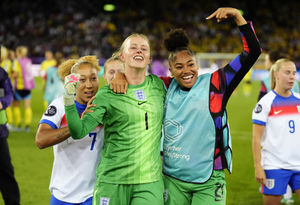 England's Lauren James, Hannah Hampton and Khiara Keating celebrate winning the penalty shoot-out after the UEFA Women's Euro 2025 quarter-final match at the Stadion Letzigrund in Zurich, Switzerland
