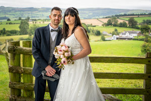 Katrina and Mark Bowyer outside the church in Trelystan. Picture: Spinning Your Dreams Wedding Photography