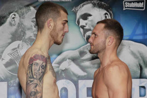 Sam Eggington (left) and Dale Evans go head-to-head at today's weigh in. Picture by Lawrence Lustig.