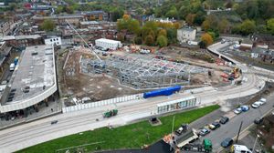 Aerial image over the new Dudley Interchange building, off Fisher Street, Dudley, which is currently being built