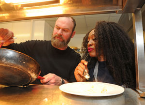 Judging an omelette challenge with Glynn Purnell, is Beverley Knight, at Birmingham Hippodrome
