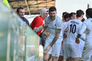 AFC Telford United players celebrate with the fans after Jamie Meddows gives them the lead. Picture: Kieren Griffin Photography