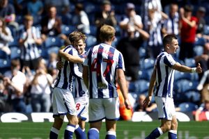 Jayson Molumby embraces with Isaac Price after the latter capped Albion's comeback with a third goal. (Photo by Adam Fradgley/West Bromwich Albion FC via Getty Images)