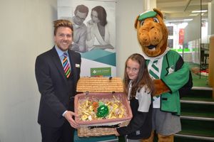 Dan Nutt of the Leek United Building Society, Isobel Cartwright and Humphrey the camel