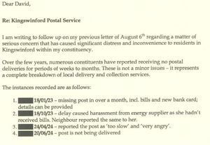 Mike Wood's letter to David Gold, director of external affairs at Royal Mail