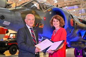 The major investment by BAE Systems will go towards the museum's redevelopment project. Pictured: Director of Defence Capability at BAE Systems Sir Stuart Atha with Maggie Appleton, RAF Museum CEO. Picture: RAF Museum.