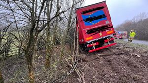 The heavy goods vehicle off the A5/A483 near Oswestry. Photo: Shropshire Fire and Rescue Service