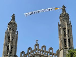 Supporting image for story: Ukraine banner attached to chapel at University of Cambridge’s King’s College