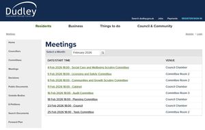 A screen grab of the Dudley Council webpage listing meetings for February taken at 12.30pm on February 9 2026. Does not list the informal Housing Scrutiny Committee meeting scheduled for February 10. Picture Martyn Smith/LDRS free for LDRS use