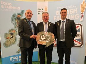 Supporting image for story: MP wears the ears of corn pin badge to Back British Farming