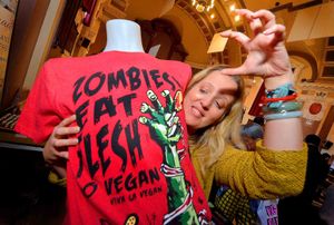 Jay Charlton, from Telford, selling clothing items on her stall Viva La Vegan