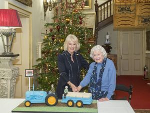 June Spencer, who played matriarch Peggy Woolley in BBC Radio 4’s The Archers, with Queen Camilla (then the Duchess of Cornwall) during a reception for The Archers, celebrating 70 years of broadcasting, at Clarence House in London