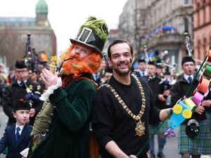 Lord Mayor of Belfast Micky Murray taking part in the St Patrick’s Day Parade in Belfast