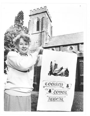 Margo Sadler selling tea towels to raise funds for the restoration of the church tower at St Peter's Church, Cookley, in February 1989.