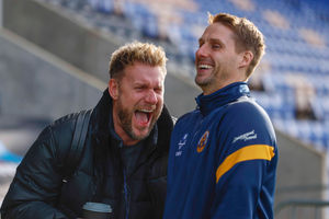 Jamie Tolley with Shrewsbury Town assistant Dave Edwards 