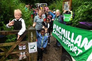 Headteacher Rachel Cook and Carole Green from Macmillan and Freddie Howells, 7, Corban Ofori, 7, Beauty Frimpong, 7, and Lily Gregory, 6