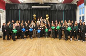 Headteacher, Max Wakeman, celebrates an exceptional Ofsted outcome with staff and children at Goldsmith Primary Academy.
