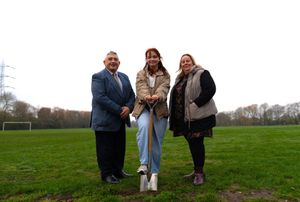 Councillor Peter Hughes (Cabinet Member for Regeneration and Infrastructure), Caitlin (Young People Representative on the Wednesbury Levelling Up Partnership Board), and Councillor Suzanne Hartwell (Deputy Leader and Cabinet Member for Neighbourhoods and Community) put the spade in the ground at Hydes Road