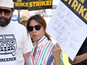 Supporting image for story: Cast of Parks And Recreation reunite on US picket line with four legged friend