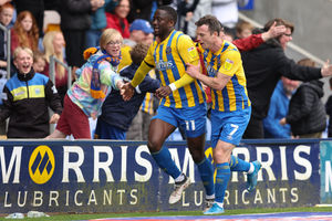Daniel Udoh of Shrewsbury Town celebrates after scoring a goal to make it 1-0 (AMA)