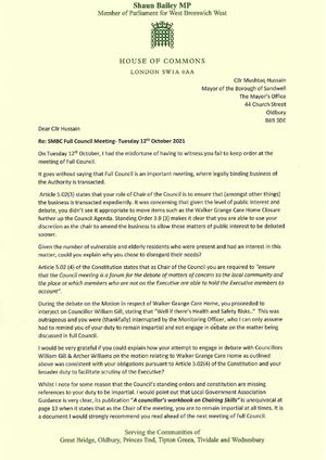 Shaun Bailey's letter about Mayor Hussain