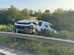 Supporting image for story: Recovery truck left on side of motorway after collision on M6 near Stone