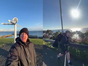 Jack Ward posing beside a signpost, and running