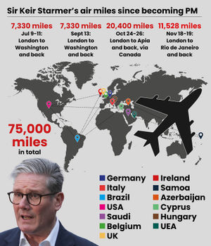 Sir Keir has clocked up more than 75,000 air miles since taking office