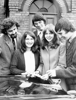 Young people travelled around the Midlands on March 31 1972, visiting churches as part of a Methodist Church mission. Pictured at the start in Shrewsbury are Peter Roberts of Dudley, Ann Lebeder,
of St Martins, Gareth Large, of Dudley, Jayne Roe of Dudley, and David Barnsley of Rugeley
