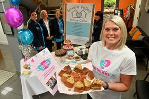 Severn Valley Home Care are raising money for Dementia UK. Pictured: Jackie Garratt holding cakes and colleagues Kristina Greig,Tracey Hartland, Debs Weir, Kim Read.