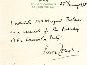 Supporting image for story: Margaret Thatcher’s 1975 Tory leadership nomination paper found in forgotten box