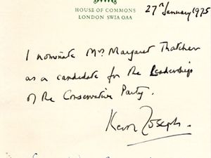 Supporting image for story: Margaret Thatcher’s 1975 Tory leadership nomination paper found in forgotten box